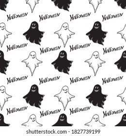 Seamless background. Ghosts in white and black. Funny cute ghosts. done in the style of doodle. Handwritten lettering. Halloween. Can be used in children's stationery, holiday decoration, textiles.