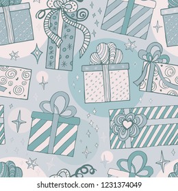 Seamless background with gift boxes with bows and stars