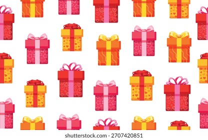 Seamless background with gift boxes, ribbons, bows in cartoon style. Vector illustration of colorful gift boxes with different patterns: stars, hearts, waves isolated on white background. Packaging.
