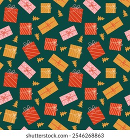 seamless background with gift boxes scattered chaotically on a dark background. New Year's gifts