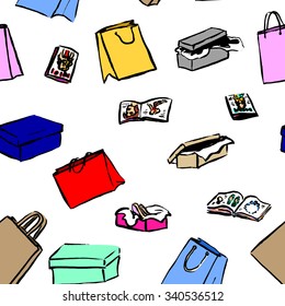 Seamless background with gift boxes and shopping bags for sale design. Hand drawn illustration. Ink sketch
