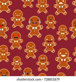 Seamless background with Gingerbread emotions. Cute cartoon Gingerbread. Vector illustration. Textile rapport.