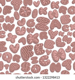 seamless background of Gingerbread letters with icing, letters of the alphabet from glaze, brown with pink on a white background, EPS 10 vector illustration