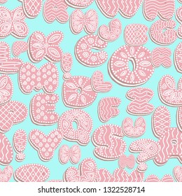 seamless background of Gingerbread letters with icing, letters of the alphabet from the glaze, pink with white on a blue background, EPS 10 vector illustration