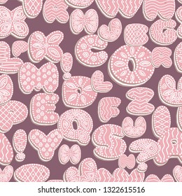 seamless background of Gingerbread letters with icing, letters of the alphabet from glaze, pink with white on purple background, EPS 10 vector illustration