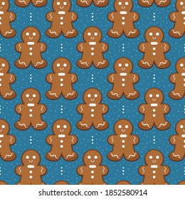 Seamless background with gingerbread man. Christmas cookies. Realistic gingerbread cookies on a blue background. Vector illustration.