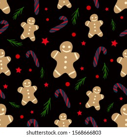 Seamless background with gingerbread men cookies, branches, stars and candies. Vector illustration on black background