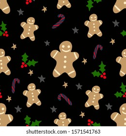 Seamless background with gingerbread men cookies, holly berry, stars and candies. Vector illustration.