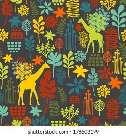 Seamless background with giraffe and flowers. Vector pattern.