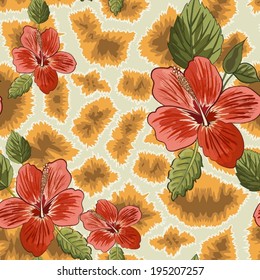 Seamless background with giraffe skin and hibiscus flowers