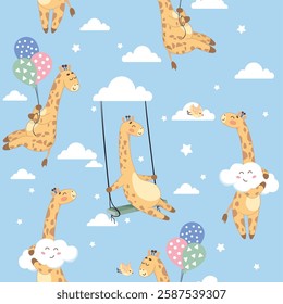 seamless background with giraffes, clouds, giraffe in the sky, rest, good night, sleep, children, pajama fabric, wallpaper, animal pattern, Africa, children, giraffe, birthday, balloons, swing