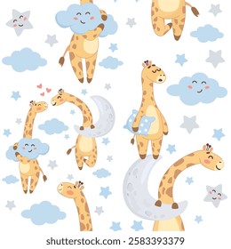 seamless background giraffes, sleepy giraffe, sweet dreams, good night, cozy home, pillows, fall asleep, want to sleep, cute giraffe, giraffe, animal, sticker, evening, stars, moon