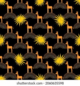 Seamless background with giraffes and sun in cartoon style. Decorative texture for surface design.