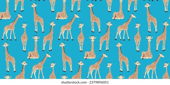 Nahtloser Hintergrund mit Giraffen. Vektorgrafik eines Musters mit tropischen Tieren in einem flachen Retro-Stil.
