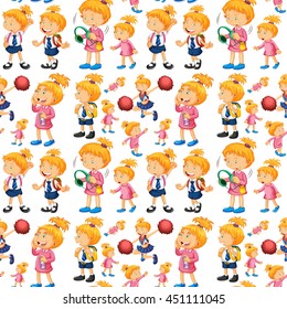 Seamless background with girl doing different activities illustration