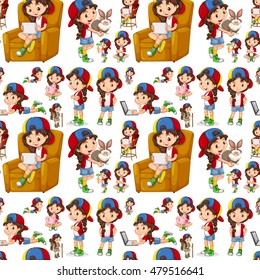 Seamless background with girl doing different things illustration