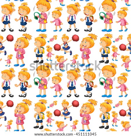 Seamless background with girl doing different activities illustration