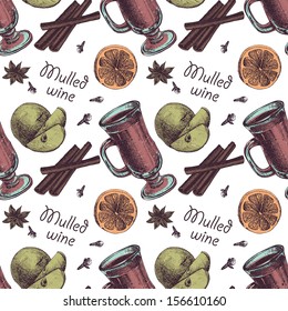 seamless background with glass of mulled wine nuts and spices