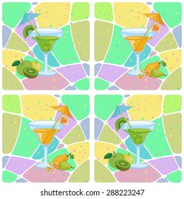 Seamless Background, Glasses with Drink and Fruit, Apples, Kiwis, Pears and Abstract Pattern. Eps10, Contains Transparencies. Vector