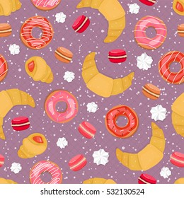 Seamless background of glazed donuts, croissants, macaroons and meringues. Pattern.