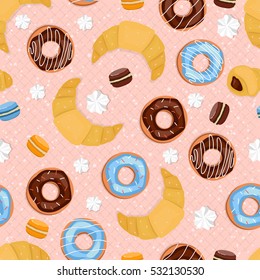 Seamless background of glazed donuts, croissants, macaroons and meringues. Pattern.