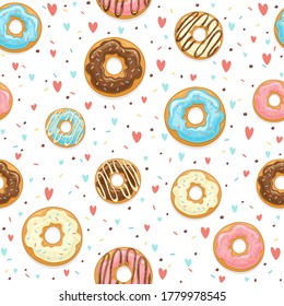 Seamless background with glazed donuts with hearts and colorful sprinkles isolated on white background. Illustration can be used for wallpaper design, pattern fill, web page background, wrapping paper