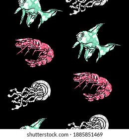 Seamless background of glittering sea animals, pink, green, silver, sparkle, black, party, doodle style, sea, ocean, zoo, modern, fish, prawn, jellyfish, wallpaper, gift paper, print, fabric, cloth