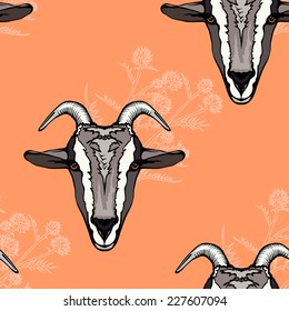 seamless background with a goat's looking forward head and floral elements