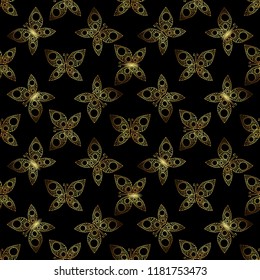 Seamless background with gold beauyiful butterfly on the black background