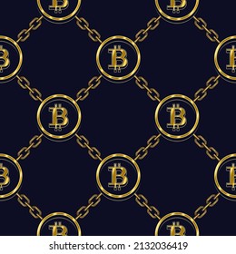 Fondo incomparable con símbolos de bitcoin dorado y rejilla diagonal con cadena sobre fondo azul oscuro. Orden de ajedrez de los elementos. Criptomoneda, patrón de dinero digital. Ilustración vectorial.