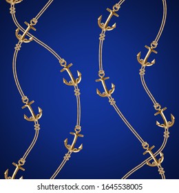Seamless background with gold chains, anchors. Abstract pattern in nautical style. Marine motifs ornament. Idea for material, textile, fabric design. Classical blue, gold texture. Vector