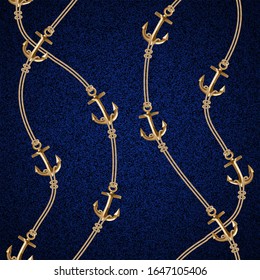 Seamless background with gold chains, anchors. Abstract pattern in nautical style. Marine motifs ornament. Idea for material, textile, fabric design. Classical blue, gold texture. Vector