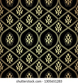 Seamless background with gold chains motifs. Gold and black damask pattern. Fashion illustration. Vector