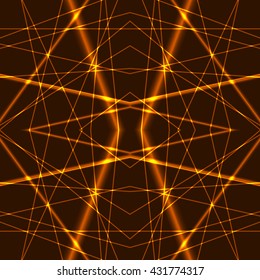 Seamless Background from gold Laser Beams. Chaotic orange laser beams. Shining yellow laser rays. Net made from red x-rays.