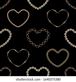 Seamless background with gold metal heart, chains,  grid. Abstract pattern in nautical style. Marine motifs ornament. Idea for material, textile, fabric design. Black, gold texture. Vector