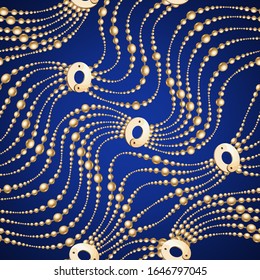 Fondo inquebrantable con cadenas doradas, barbas, perlas, rejilla. Patrón abstracto en estilo de moda. Motivos de lujo adornados. Idea para el diseño de materiales, textiles y tejidos. Azul, textura dorada. Vector