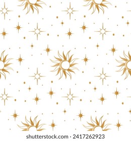 Seamless background with gold stars and suns. pattern. Wrapping paper.