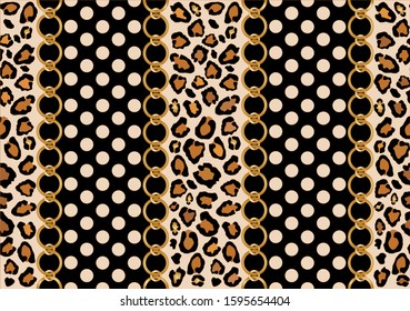 Seamless background with golden chains,striped,leopard and polka dots. Idea for material, textile, fabric design. EPS10 Illustration.