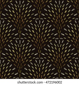 Seamless background with golden fountain pattern. Abstract gold colors drops elements. Doodle style. Vector illustration.