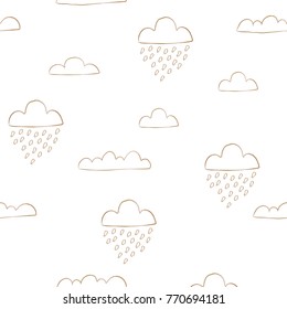 Seamless background with golden raining clouds on white background. Vector Illustration