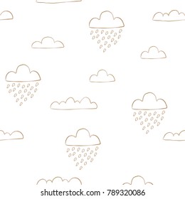 Seamless background with golden raining clouds on white background. Vector Illustration