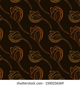 Seamless background with golden stylized flower buds on a dark background. Endless texture for design. Decorative seamless pattern  for greeting cards, decorating interiors, cosmetics and textile.
