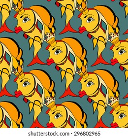 Seamless background of Goldfish with crown. Vector illustration