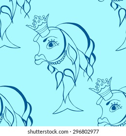 Seamless background of Goldfish with crown. Vector illustration