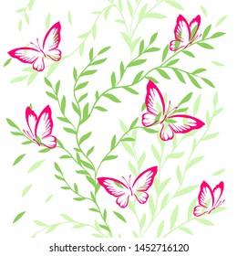 The seamless background is graceful twigs with butterflies. Vector