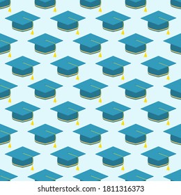 Seamless background of graduation caps over blue sky.Vector repeat geometric illustration. Flat style.