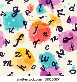 Seamless background with grange letters and imitation watercolor stains. Vector illustration.