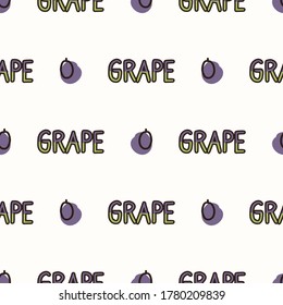Seamless background grape text. Gender neutral kid food pattern. Simple whimsical minimal earthy 2 tone color. Baby nursery wallpaper or boho decorative gardening decor all over print. 