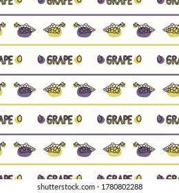Seamless background grape text stripe. Gender neutral kid food pattern. Simple whimsical minimal earthy 2 tone color. Baby nursery wallpaper or boho decorative gardening decor all over print. 