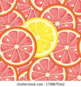 Seamless background of grapefruit round slices and a yellow lemon slice isolated in the middle
